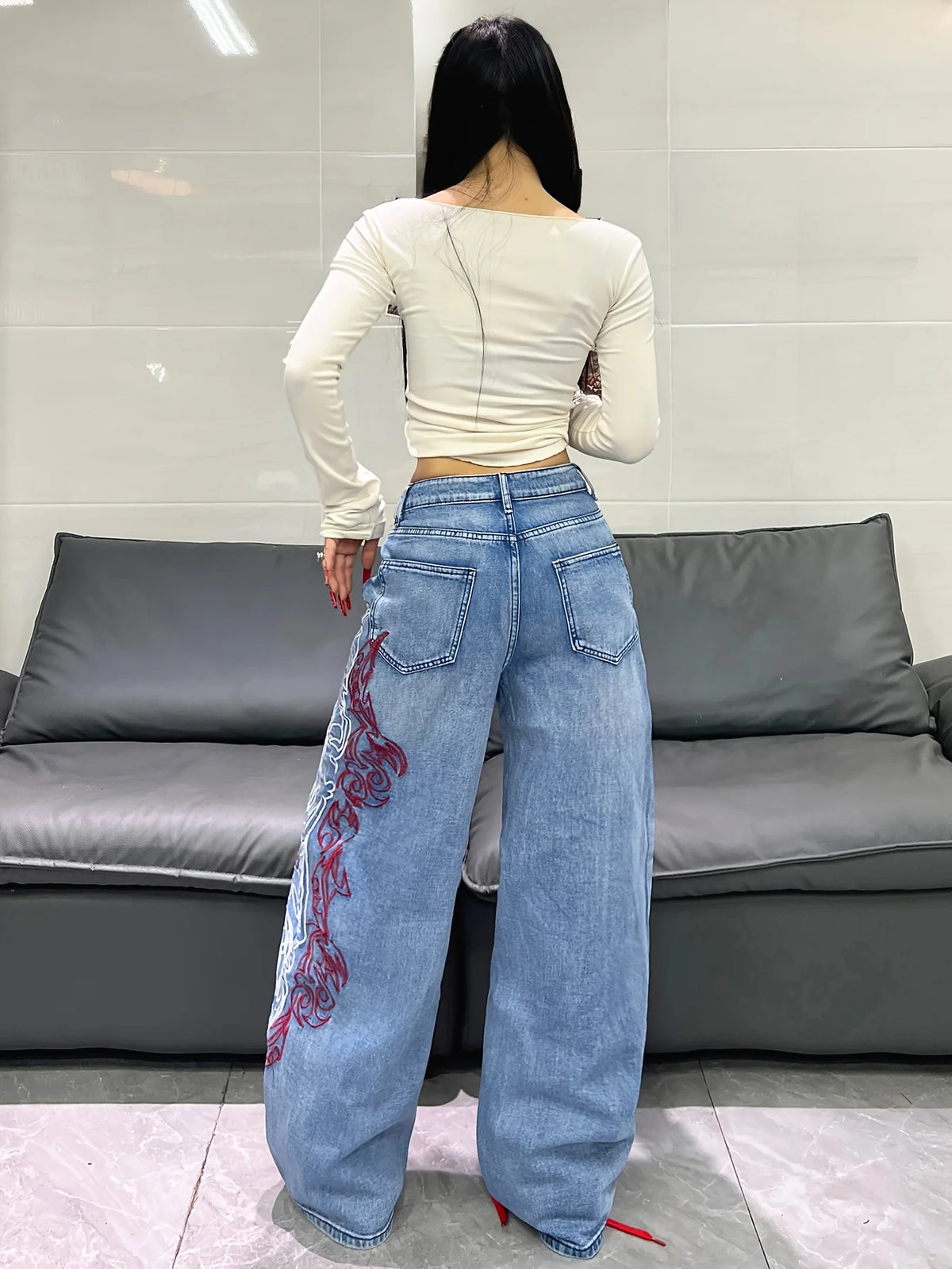 American Retro Two-Color Embroidered Wide-Leg Women's High-Waisted Jeans - Fashionable Design, Straight-Leg Loose Slimming Wide-Leg Floor-Length Trousers For Street Hotties