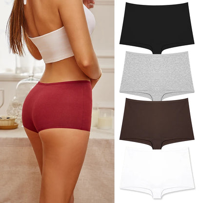 4PCS/Set Women Cotton Panties Sexy Low Rise Boyshorts Seamless Sports Boxers Female Comfortable Underwear Solid Color Lingerie