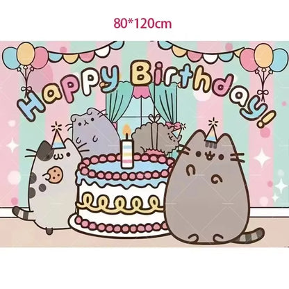 Pusheen Balloons Cartoon Cat Birthday Banner Decoration Party Supplies Backdrop Cake Topper Gift Bag Sticker Spiral Plush Doll