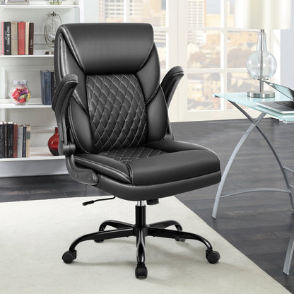 KERDOM Office Desk Chair, Mid Back Executive Leather Chair,Ergonomic Home Computer Chair,Modern Conference Room Chairs with Adjustable Flip-Up Arms and Rocking Function, Black