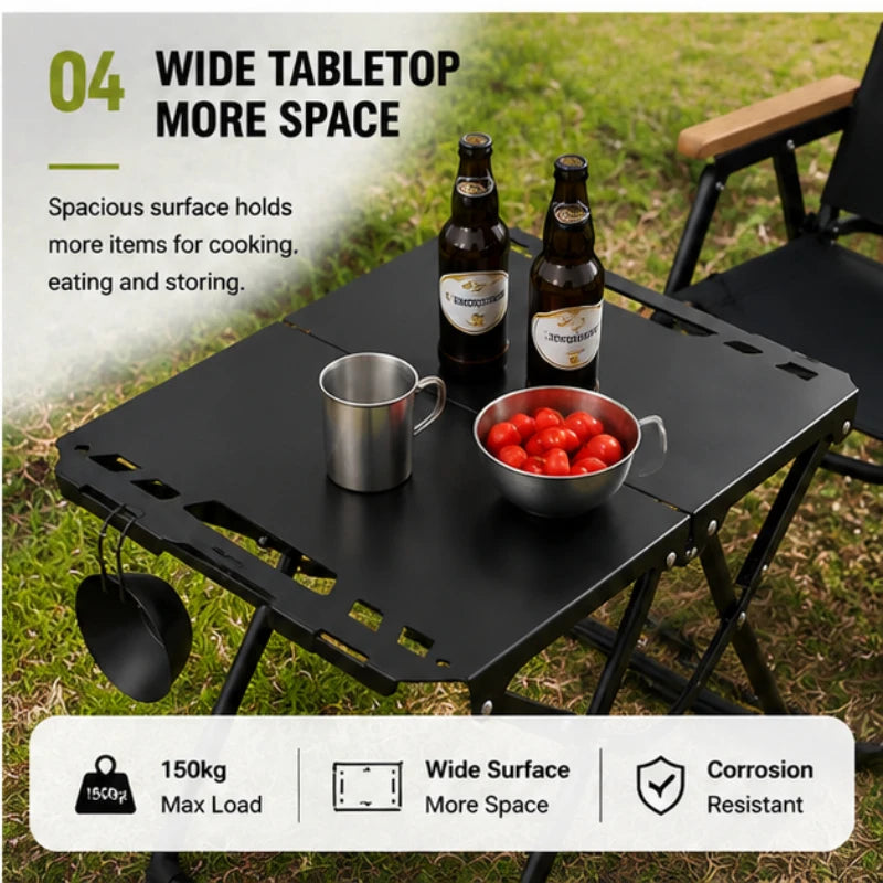 Portable Foldable Outdoor Table Hollowed Side for Hanging Goods Sturdy Desk Ideal for Camping Beach and Picnic
