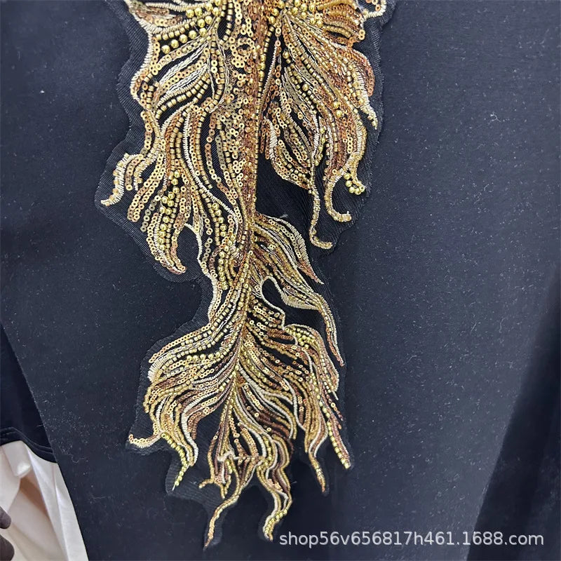 New Spring Summer Women Two-piece Set Sequins Embroidery Loose Short Sleeve T-shirt Top + Elastic Waist Straight Casual Pants