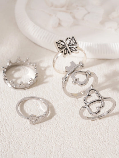 Heart Butterfly Ring Set Crown Heart-Shaped Designs Stackable Vintage Jewelry for Women, Boho Punk Fashion Accessory