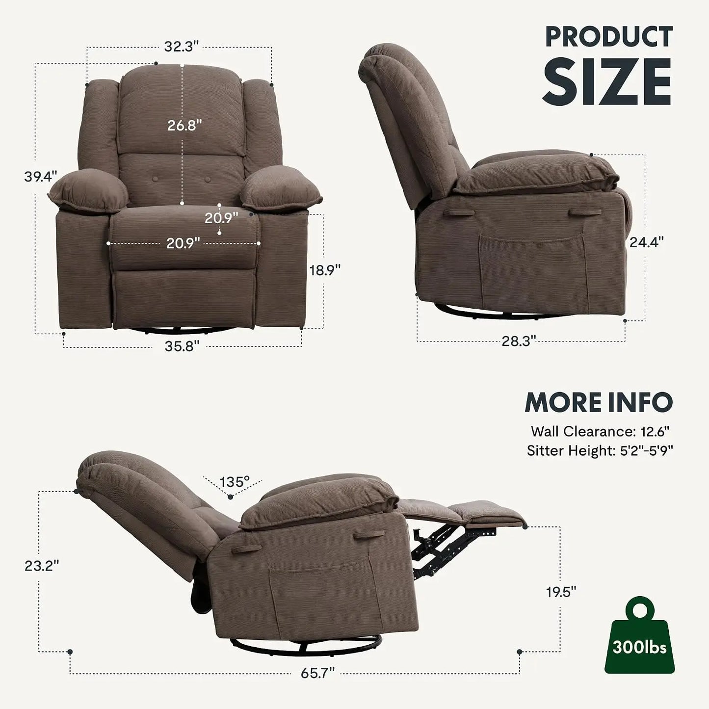 Massage Heat Rocker Recliner Chair, 360° Swivel Glider, Manual w/USB & Side Pocket, Compact Living Room Apartment, Brown, Custom