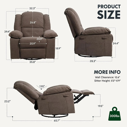 Massage Heat Rocker Recliner Chair, 360° Swivel Glider, Manual w/USB & Side Pocket, Compact Living Room Apartment, Brown, Custom