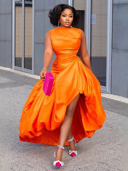 Women's Elegant Cinch Waist Cocktail Maxi Dress Orange Crew Neck Sleeveless High Waist Slim Chic Dinner Club Party Long Dresses