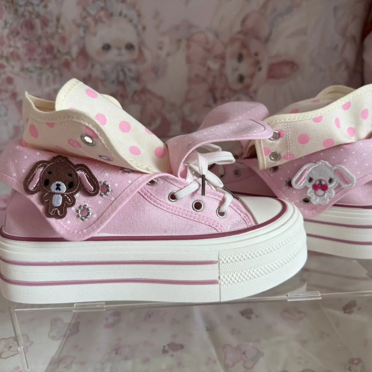 Chic Cartoon Women's Sports Shoes College Cute Platform High-top Summer Canvas Shoes for Girls Design Polka Dot Fold Sneakers