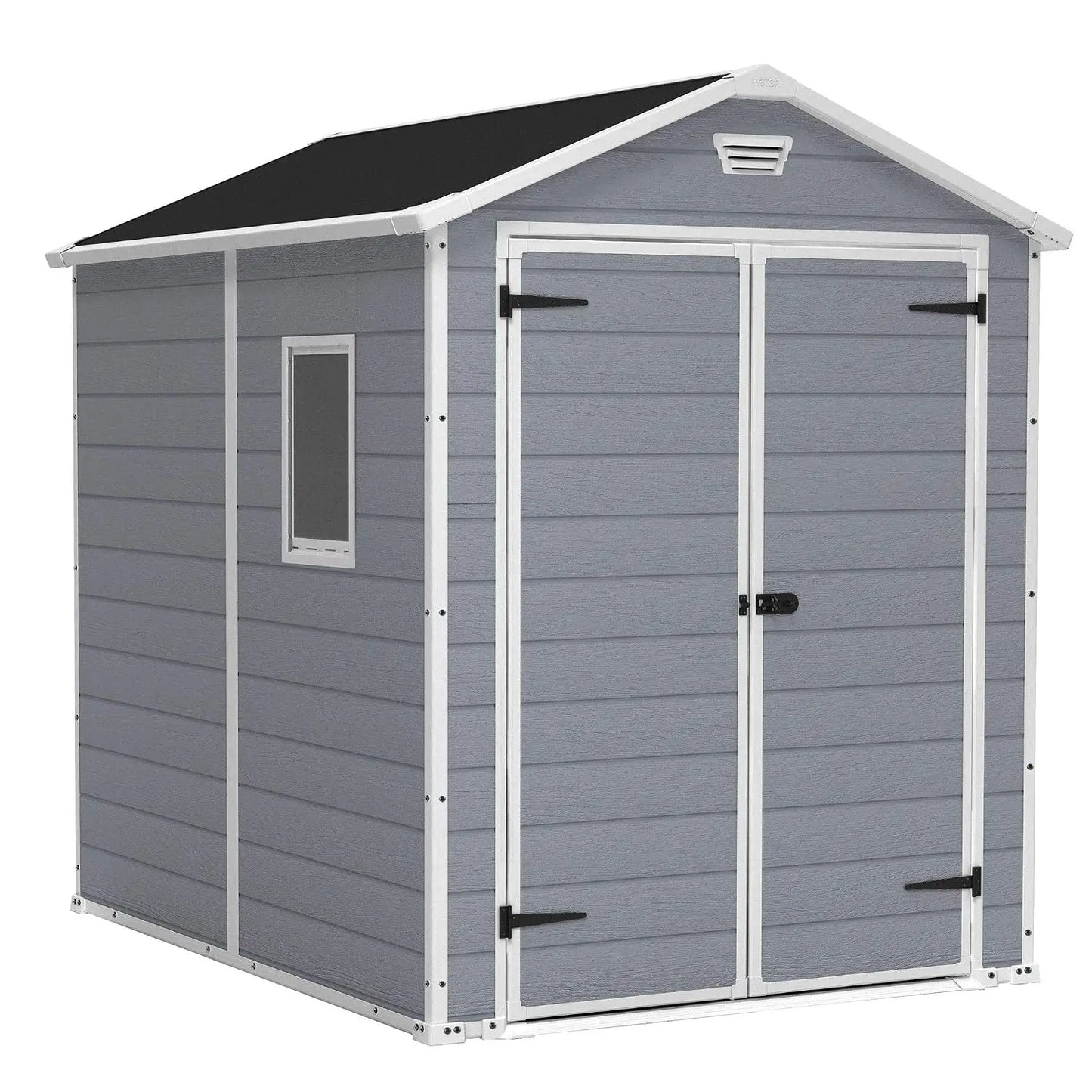 Manor 6x8 Foot All Weather Garden Tool Outdoor Storage Shed with Lockable Double Doors, Fixed Window and Wood-Look, Custom