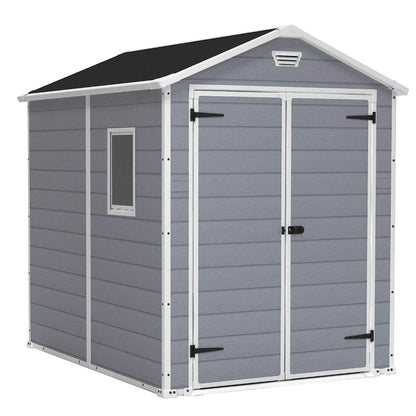 Manor 6x8 Foot All Weather Garden Tool Outdoor Storage Shed with Lockable Double Doors, Fixed Window and Wood-Look, Custom
