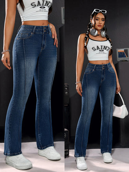 Women's High-Waisted Stretch Denim Trousers Double Button Detail Comfortable Fit Straight Leg Jeans