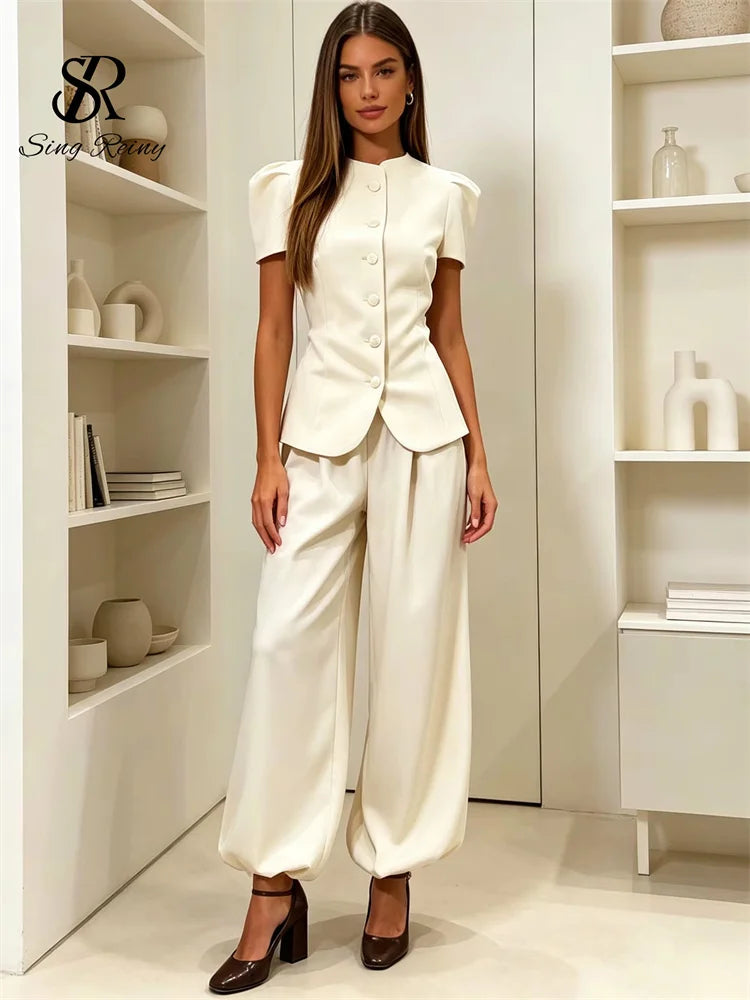 SINGREINY Women Pant Set Two Piece Sets Round Neck Short Sleeve Coats Tops+Wide Leg Long Pants Y2k Streetwear Elegant 2026 Suits