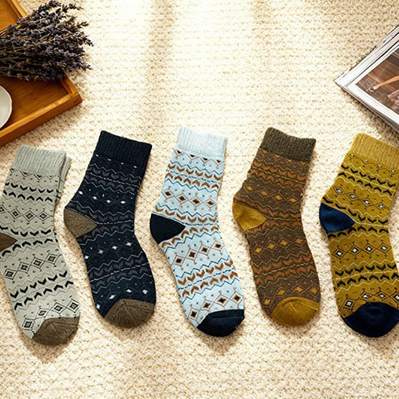 1/5 Pairs Autumn/Winter Retro Pattern Women Round Neck Socks Warm Comfortable Ethnic Style Outdoor Fashionable Casual Socks