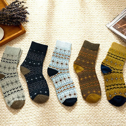 1/5 Pairs Autumn/Winter Retro Pattern Women Round Neck Socks Warm Comfortable Ethnic Style Outdoor Fashionable Casual Socks