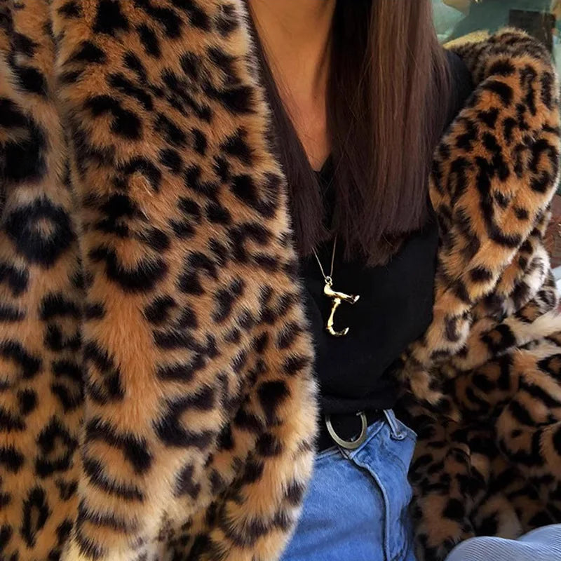 2026 New Women Leopard Print Faux Fur Coat Long Sleeve Fluffy Winter Warm Plush Overcoat