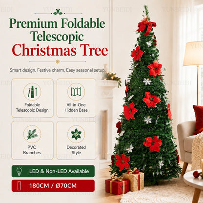 Foldable Integrated Artificial Christmas Tree with Ornaments LED Lights Exquisite 180CM Christmas Tree Home Christmas Decoration