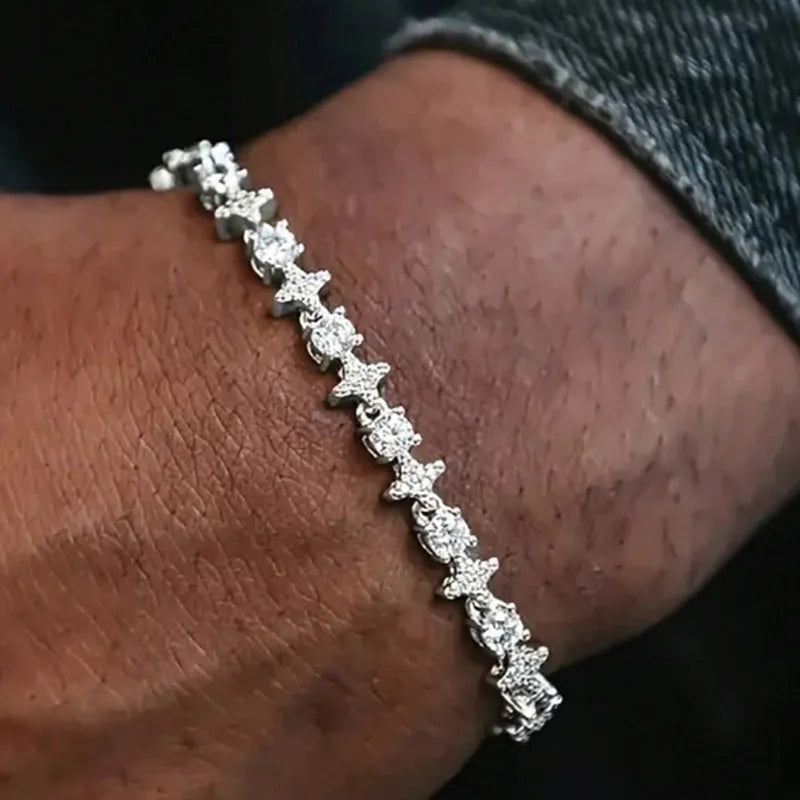 Round Stone Star Cubic Zirconia Bracelet Hip-Hop Jewelry For Men Shiny Elegant Fashion Accessory Classic  Gift For Birthday