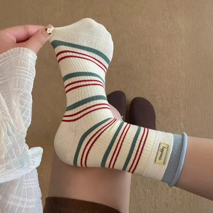 Fake Two-Piece Design Crew Socks Soft Knit Texture Mid-Calf Length Mid-Calf Socks Striped Pattern Striped Socks For Women