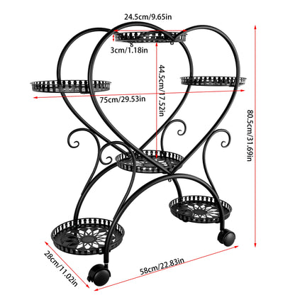 Black Metal Rolling Plant Stand Heart-Shaped Garden Display Rack with Wheels for Home And Garden Decor
