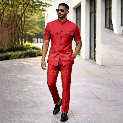 Summer Safari Men's Suits Fashion Regular Fit Short Sleeve Blazer Elegant Luxury Single Breasted 2 Piece Jacket Pants Outfits