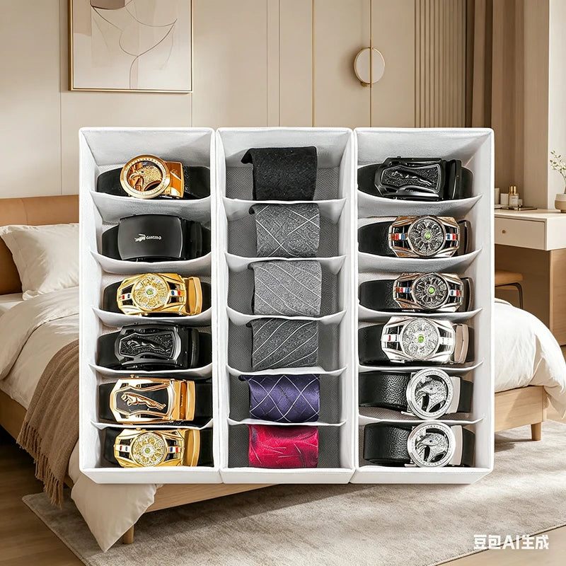 2-Pack Foldable Belt Organizer - 6-Grid Closet Storage Box for Ties/Clothes, White Fabric Space Saver