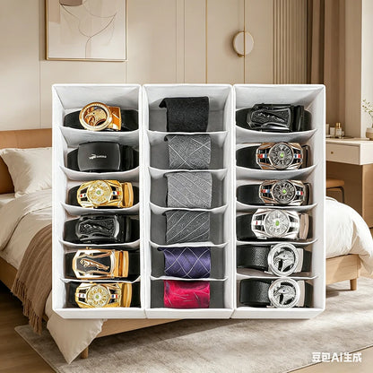 2-Pack Foldable Belt Organizer - 6-Grid Closet Storage Box for Ties/Clothes, White Fabric Space Saver