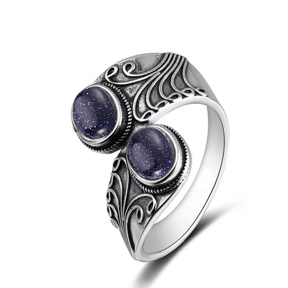 925 Vintage Silver Ring with Natural Moonstone 6*8mm Adjustable Rings Flower Bohemia Style Fine Jewelry for Women