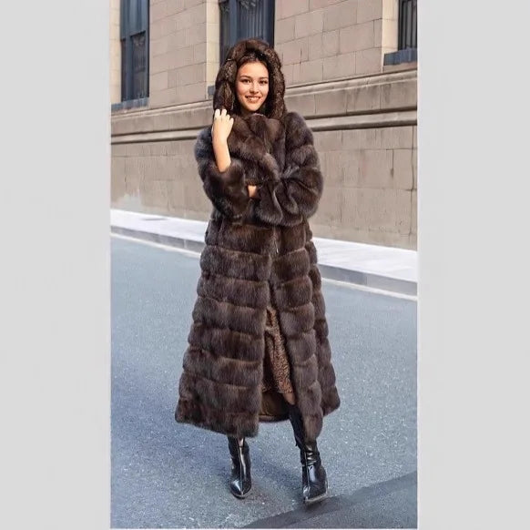 Thickened Warm Fur Trim Hooded Female Mink Fur Outwear Long Chic Lady Eco Fur Coat Vintage Brown Women Winter Faux Fur Jacket