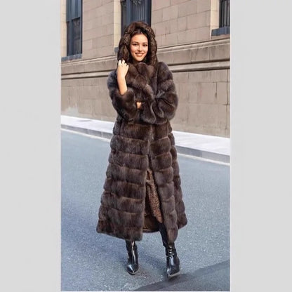 Thickened Warm Fur Trim Hooded Female Mink Fur Outwear Long Chic Lady Eco Fur Coat Vintage Brown Women Winter Faux Fur Jacket