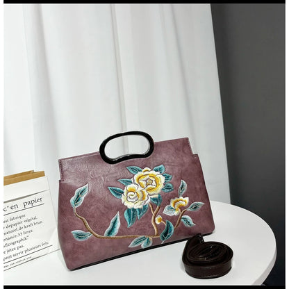 Elegant Women's Handbag Embroidered Peony Print Crossbody Bag Wear-Resistant Fashionable Daily Use Square Shape Zipper Closure