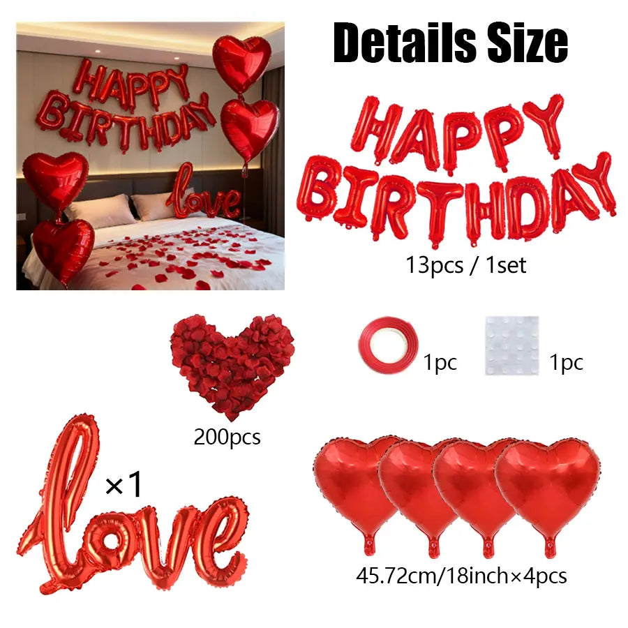 Red Birthday Balloon Set with Rose Petals LOVE Aluminum Film Balloon Birthday Party Decoration Photography Props