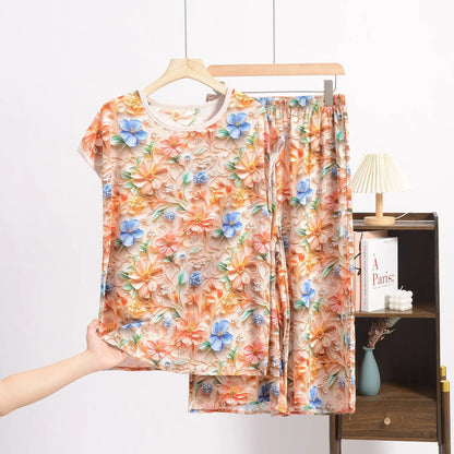 XL to 6XL Plus size Summer Pajamas set short sleeve Tshirt and Capri Pants Floral Print Loose homewear suits comfort sleepwear