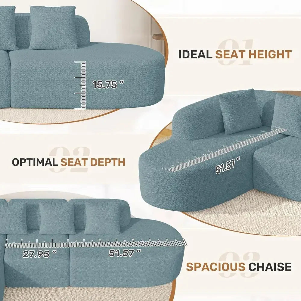 Light Blue 114 Curved Chaise Sectional Sofa, L-Shape Cloud Design, No Assembly Needed for Living Room