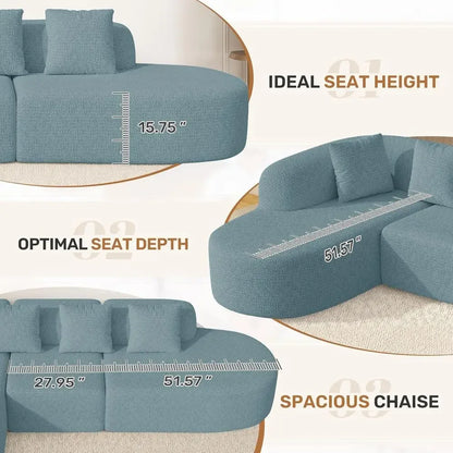 Light Blue 114 Curved Chaise Sectional Sofa, L-Shape Cloud Design, No Assembly Needed for Living Room