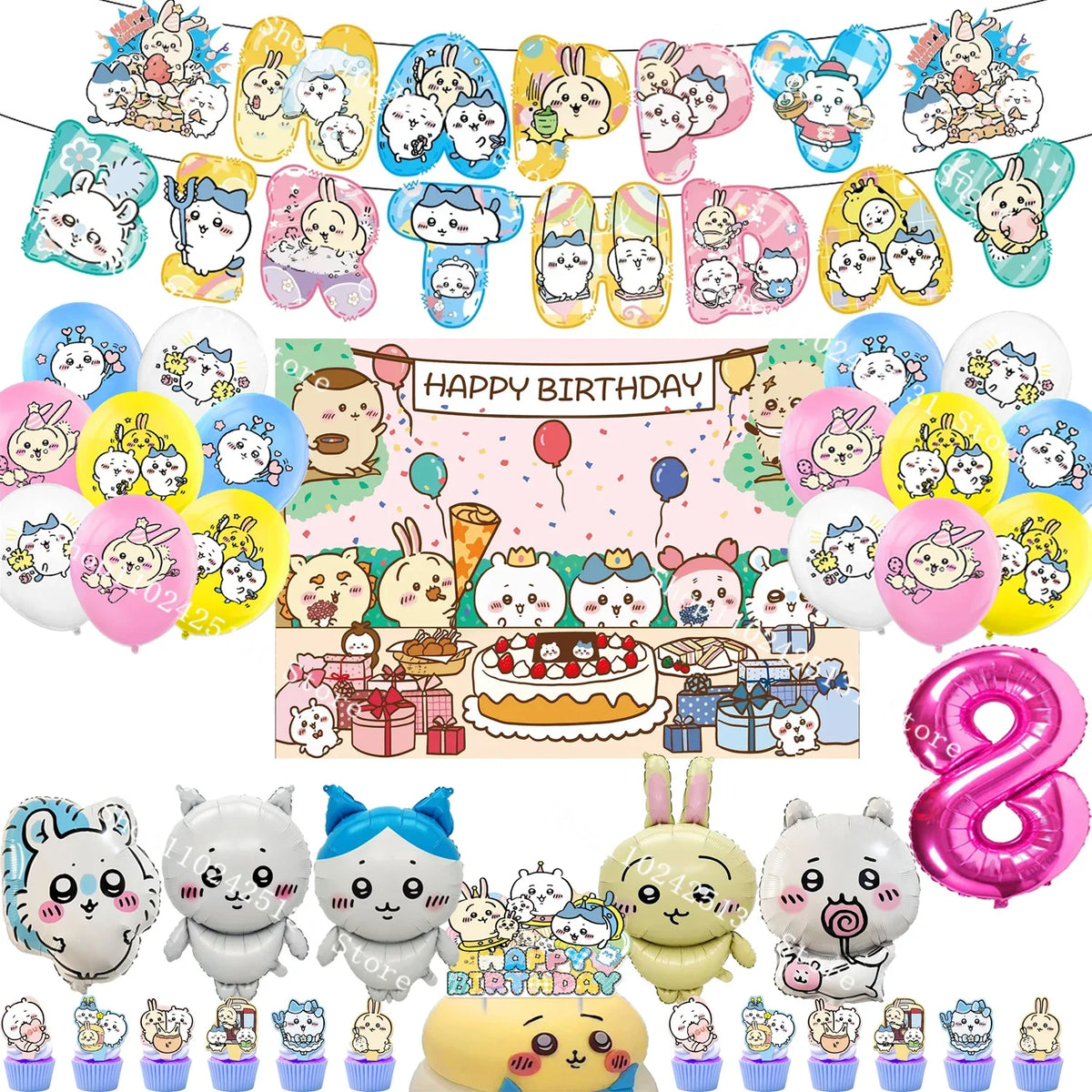 Chiikawa kawaii Happy Birthday Party Decorations Cute plate Banner Cake Topper Flag Balloons Disposable tableware Decorations