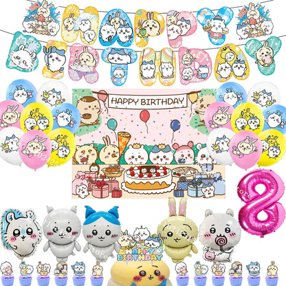 Chiikawa kawaii Happy Birthday Party Decorations Cute plate Banner Cake Topper Flag Balloons Disposable tableware Decorations