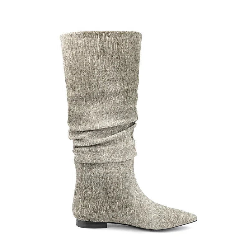 Silver Flat Bottomed Fashion Pleated Boots Big Size 36-47 Stone Grain Knee High Boots Pointed Denim Low Heels Sexy Women Shoes