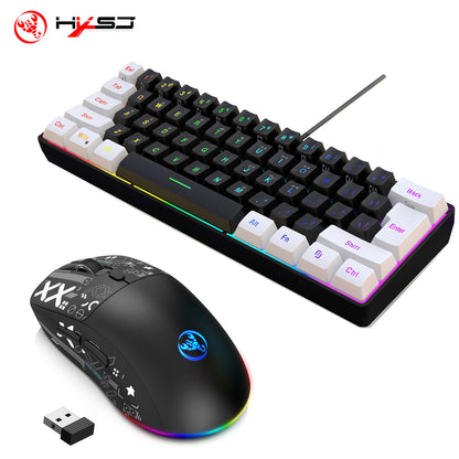HXSJ-60% RGB Backlit Gaming Keyboard and Mouse Set 61-Key Wired Keyboard 3-Mode Optical Gaming Wireless Mouse for Laptop PC