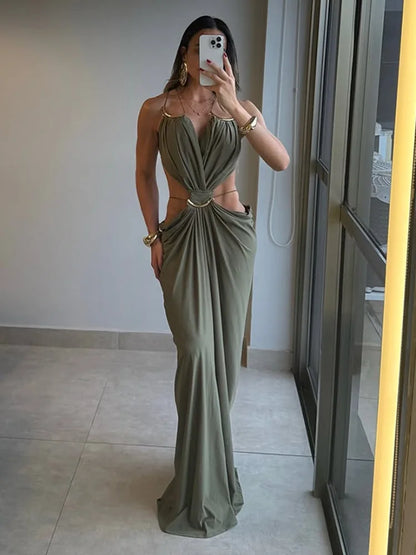 Sexy Backless Party Women's Dress Sleeveless V-neck Slim Maxi Female Vestidos 2026 Fashion Pleated Hollow Out Evening Lady Robe