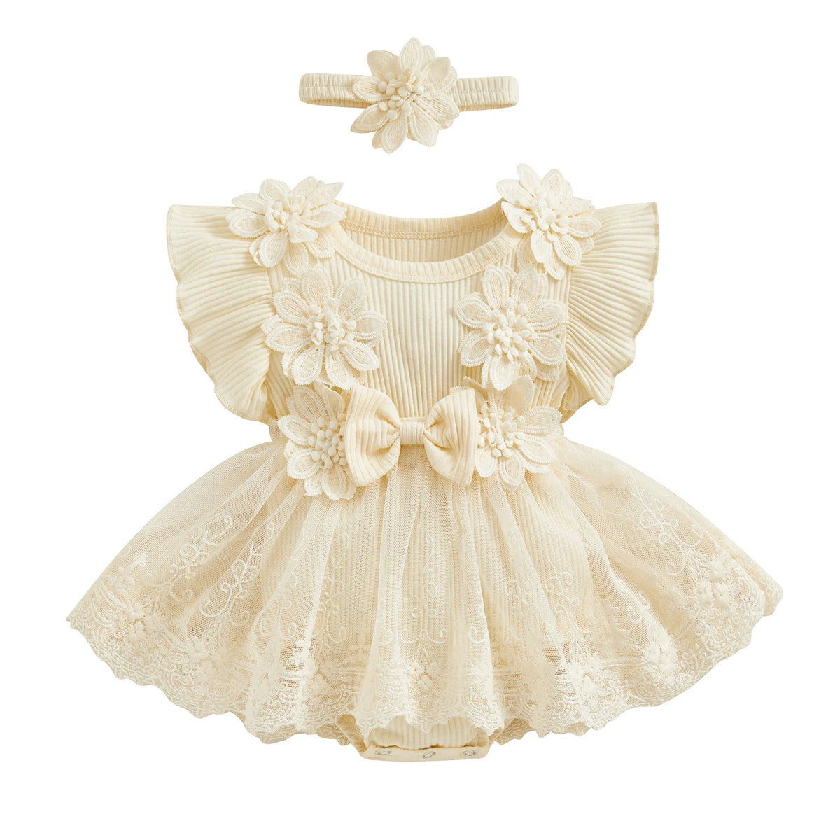 Baby Girls' Floral Romper & Headband Set | Ruffle Details & Mesh Skirt | Birthdays, Portraits & Celebrations