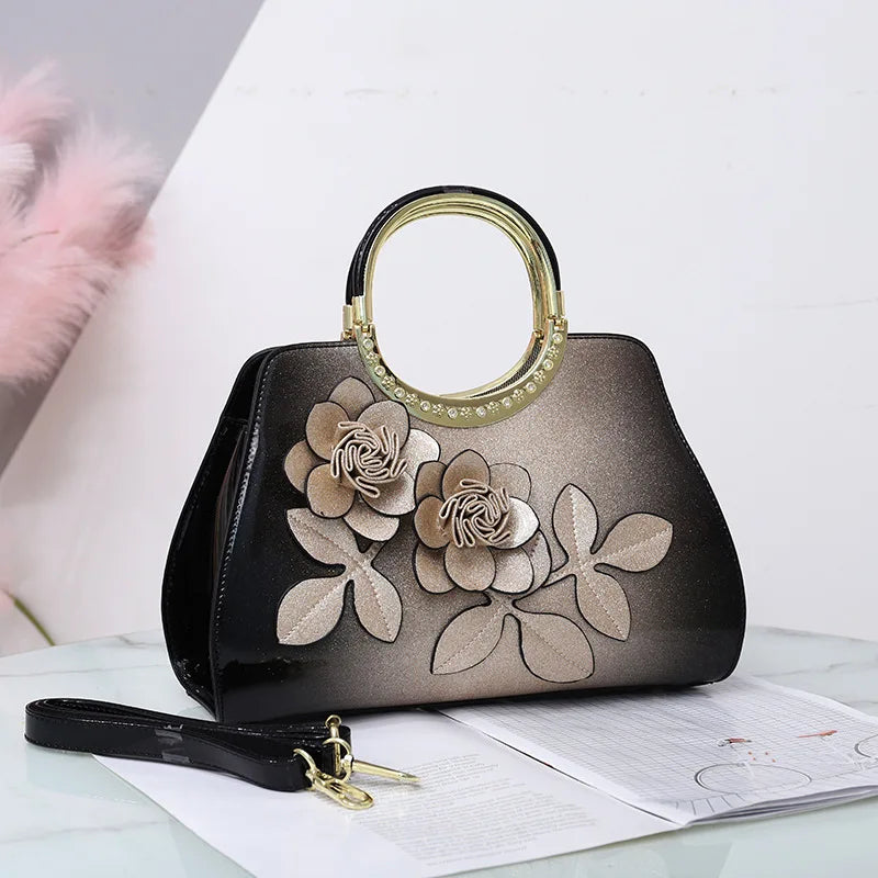 Luxury Fashion Leather Women Handbags Flowers Mom Shoulder Messenger Bag 2025 NewElegant Lady Portable Tote Bags