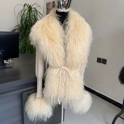 Women's Real Fox Fur Cardigan Jacket Spring and Autumn with Knitted Sweaters and Real Fox Fur Collar Women Raccoon Fur Cardigan