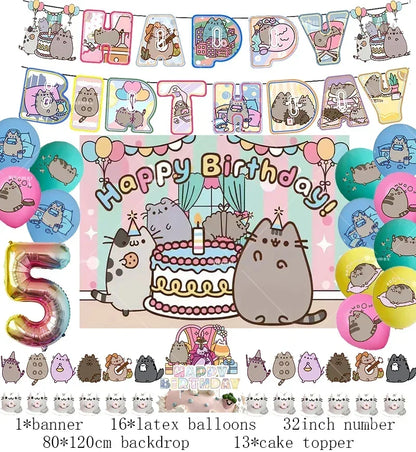 The Pusheen Cat Balloons Birthday Decoration Party Supplies Cartoon Grey Pet Fat Cat Theme Banner Backdrop Cake Topper Sticker