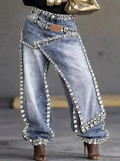 SHENGPALAE Women Jeans Wide Leg Layered Patchwork Washed Rhinestone Decor Asymmetric Streetwear Fashion Summer 2026 New 05E02954