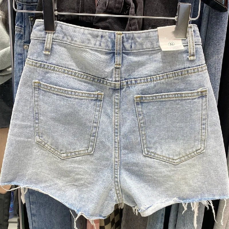 Trendy Women's Ripped Loose Fit High Waist Cotton Stretch Denim Shorts Frayed Hem A-Line Style Korean Version Summer Hot Pants