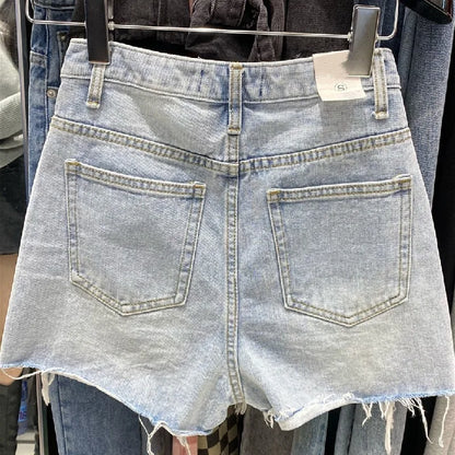 Trendy Women's Ripped Loose Fit High Waist Cotton Stretch Denim Shorts Frayed Hem A-Line Style Korean Version Summer Hot Pants