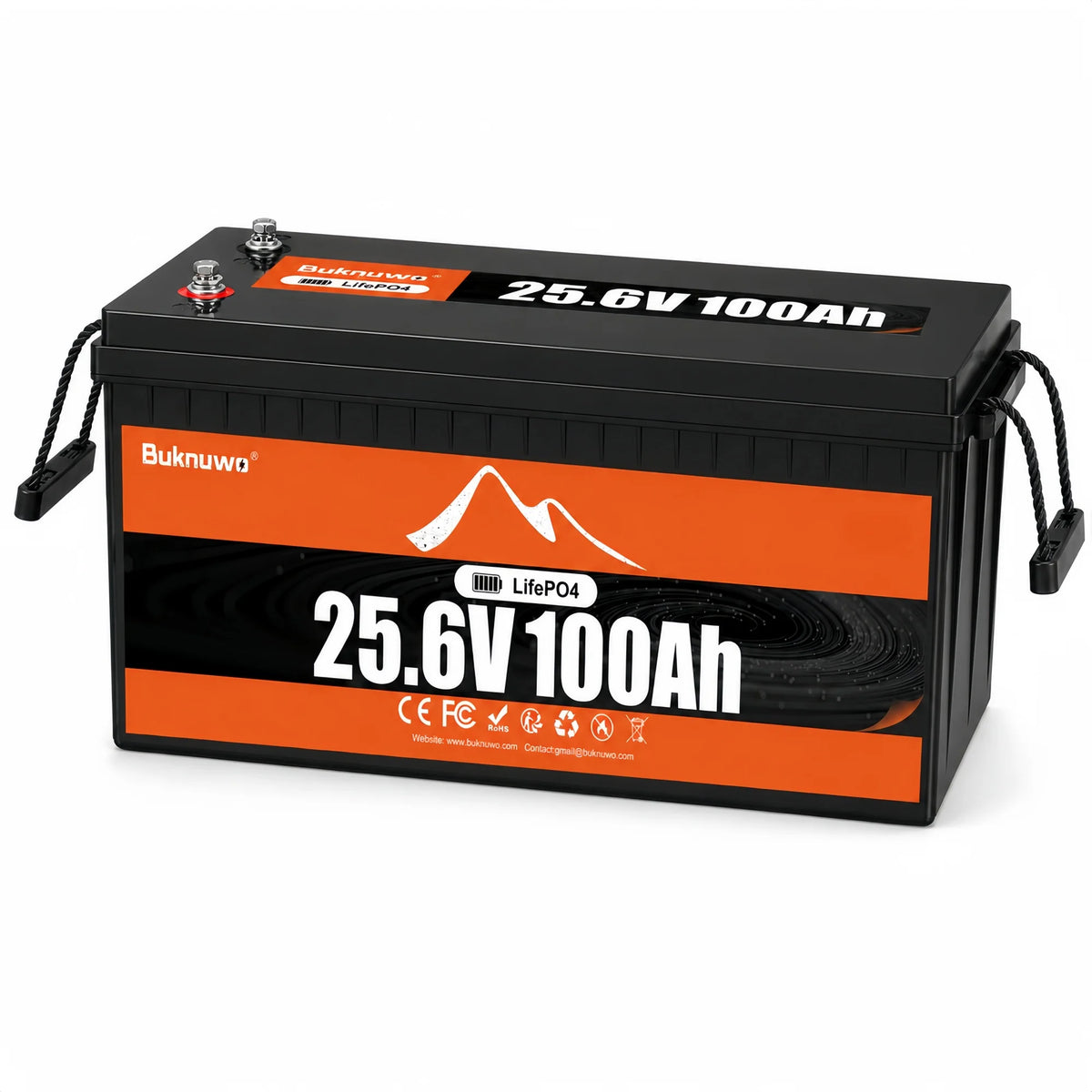 Buknuwo LiFePO4 24V/25.6V 100Ah Lithium Battery With Bluetooth Built-in 100A BMS Grade A Cells 2560Wh Power Energy Storage Battery Low-Temp Protection Capable Of Over 10000 Cycles Support Parallel Battery For Solar,RV,Marine,