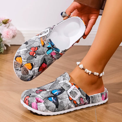 New Women's Fashionable Slip-On Slippers Elegant Black-Gray Butterfly Watermark Wedge Heel with Durable Soft Sole Comfortable Fo