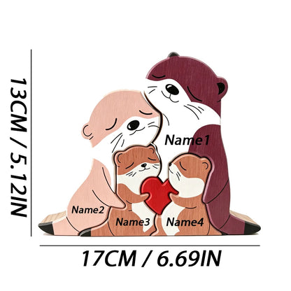Cute Otter Family Wood Puzzle Ornament Red Heart Tabletop Decor Mother's Day Christmas Birthday Home Office Souvenir Gift