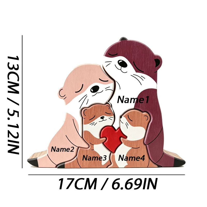 Cute Otter Family Wood Puzzle Ornament Red Heart Tabletop Decor Mother's Day Christmas Birthday Home Office Souvenir Gift