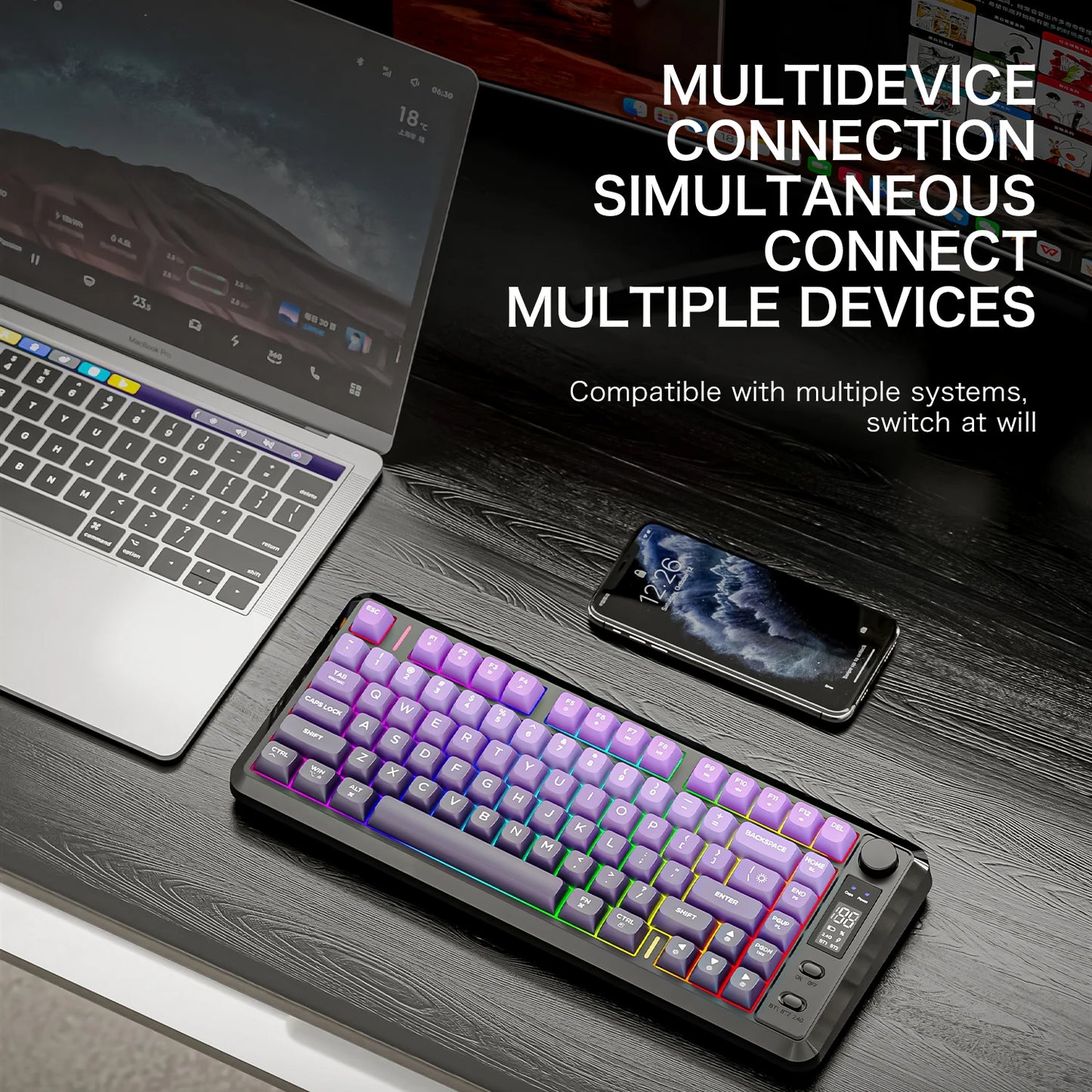 FREEWOLF M75 Wireless Keyboard, Bluetooth Dual-mode, PBT Gradient Ball Cap, With Display Screen, Gaming Keyboard